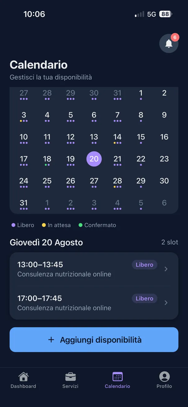Calendario di Cerko: disponibilità del mese e slot del giorno