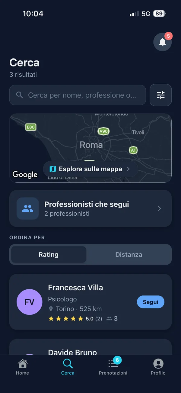 Schermata Cerca di Cerko: ricerca per nome o professione, mappa e professionisti ordinati per rating o distanza