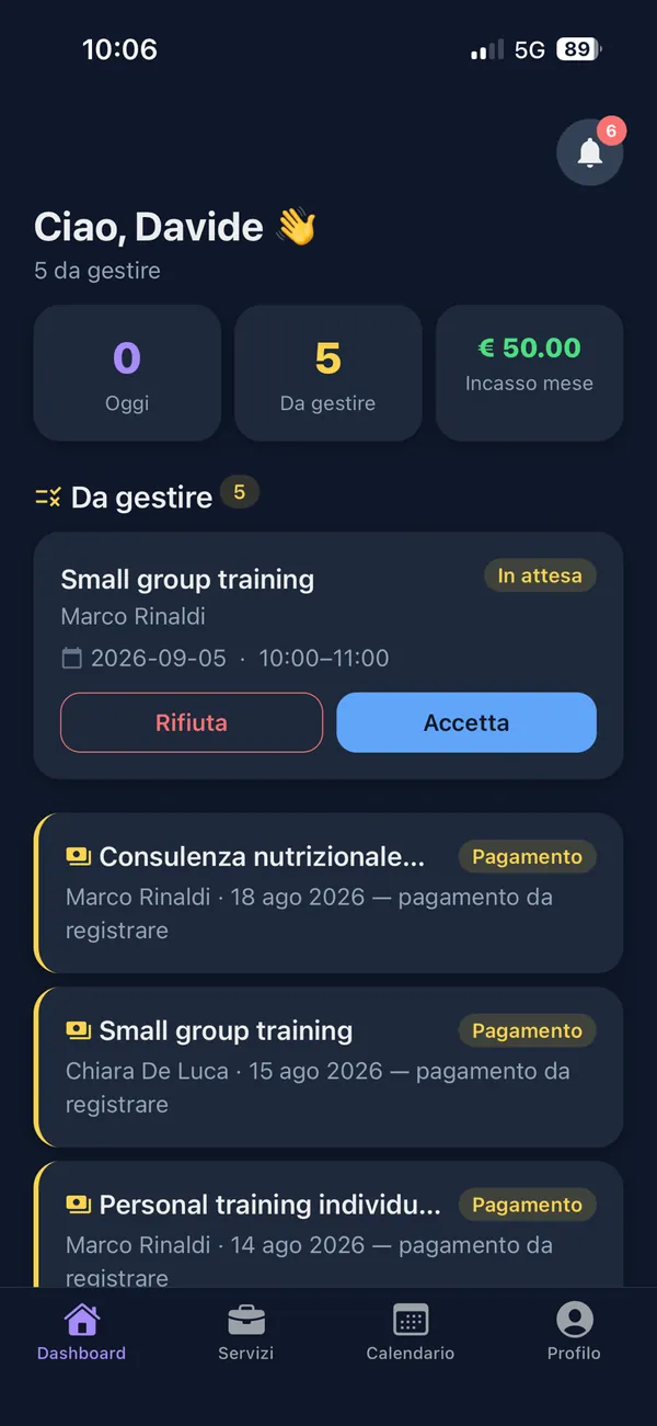 Dashboard di Cerko per il professionista: appuntamenti di oggi, richieste da gestire e incasso del mese