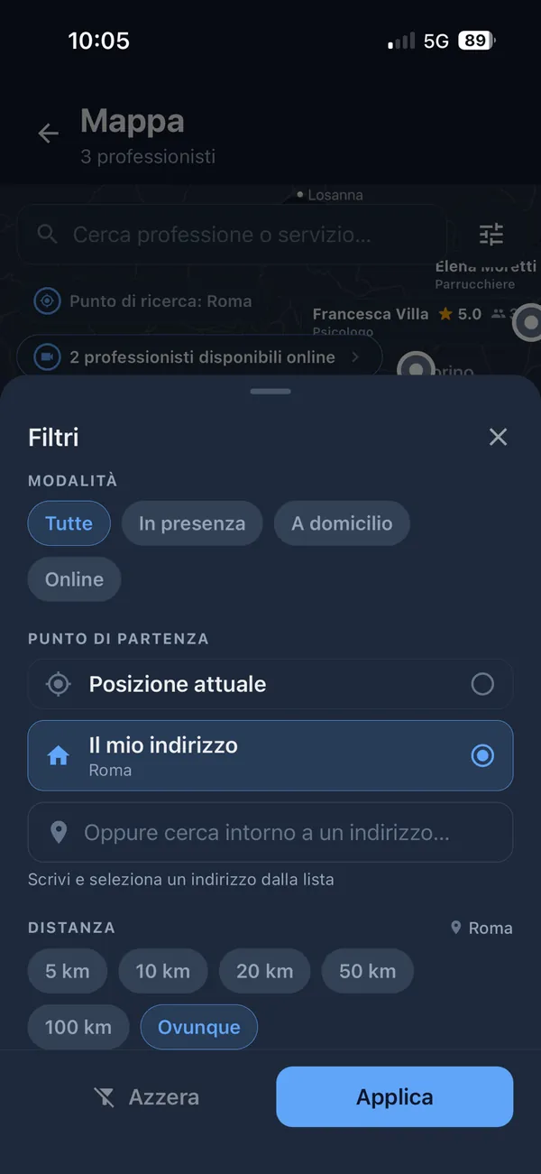 Filtri di ricerca di Cerko: modalità, punto di partenza e distanza