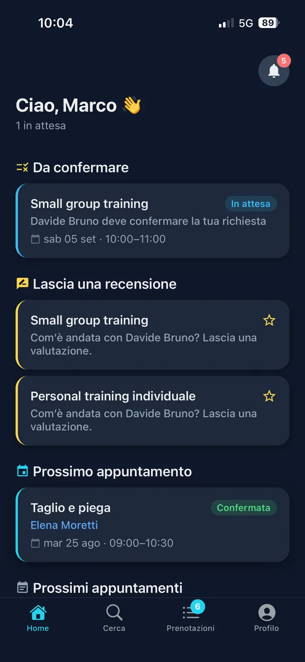 Home di Cerko per il cliente: richieste da confermare, recensioni da lasciare e prossimo appuntamento