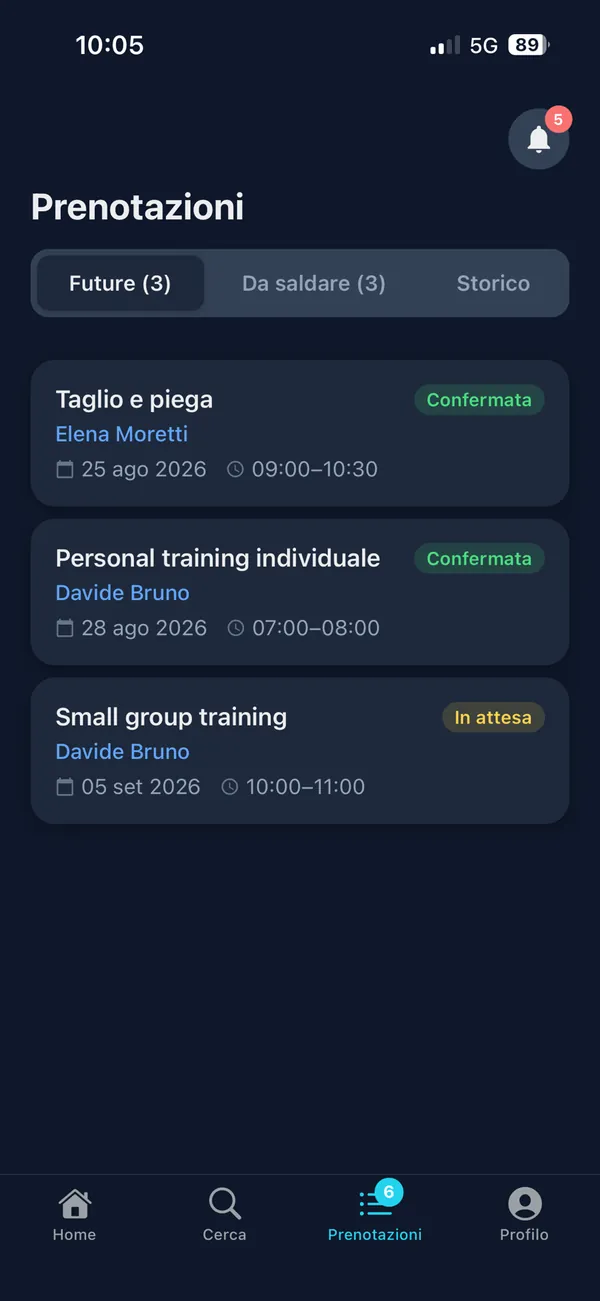 Elenco prenotazioni di Cerko: future, da saldare e storico